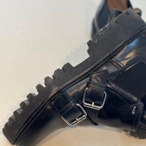 Black chunky biker boots with buckles